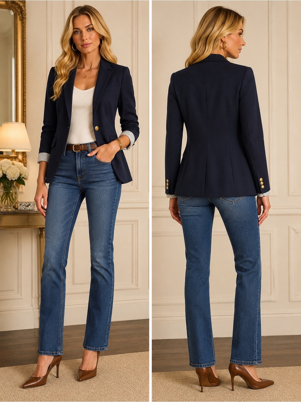 British Khaki Navy Linen Blend Blazer Women’s Large Single Button Career Jacket